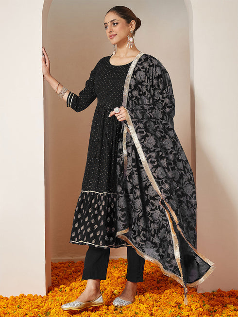 Janasya Women's Black Rayon Gold Printed Anarkali Kurta Set